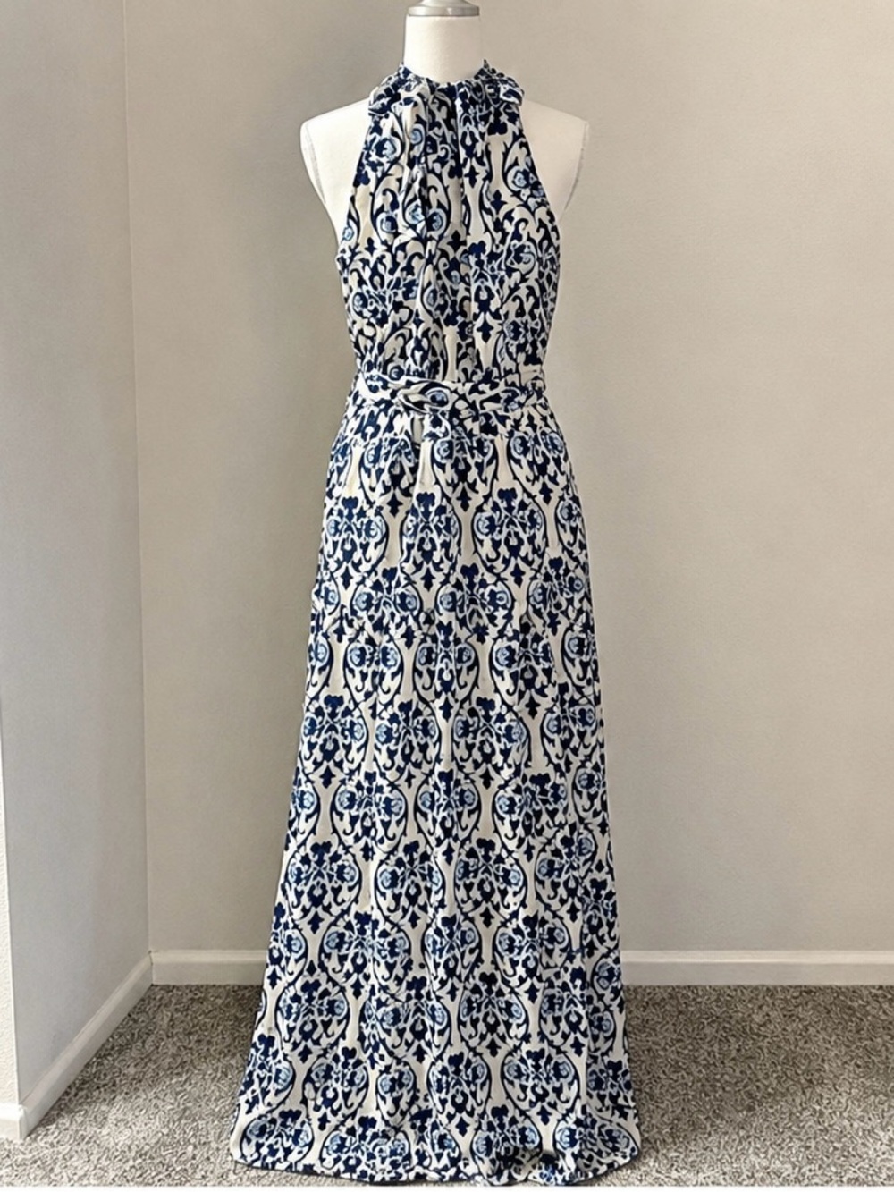 Sleeveless Halter Midi Dress in Navy and White Tile Print